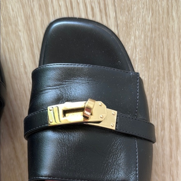 Hermes Giulia Black Slide Sandals with Gold Clasp - Picture 9 of 13